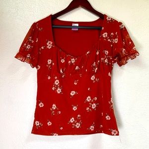 No Boundaries Blouse Womens Large Orange Brown Short Flutter Sleeve Boho Floral